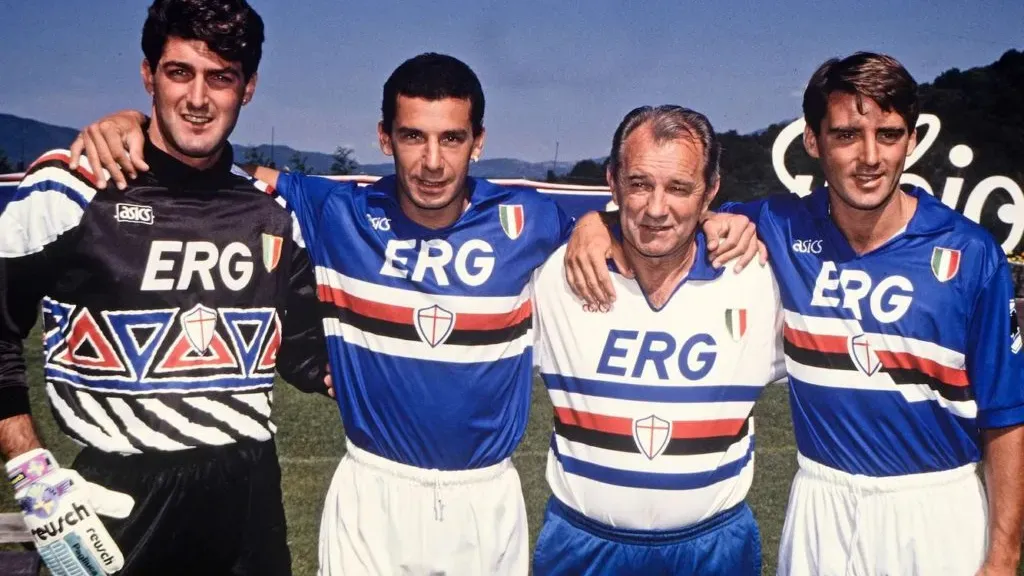 Vujadin Boskov meghatározó játékosaival, Gianluca Pagliucával, Gianluca Viallival és Roberto Mancinival (Forrás: cultofcalcio.com)