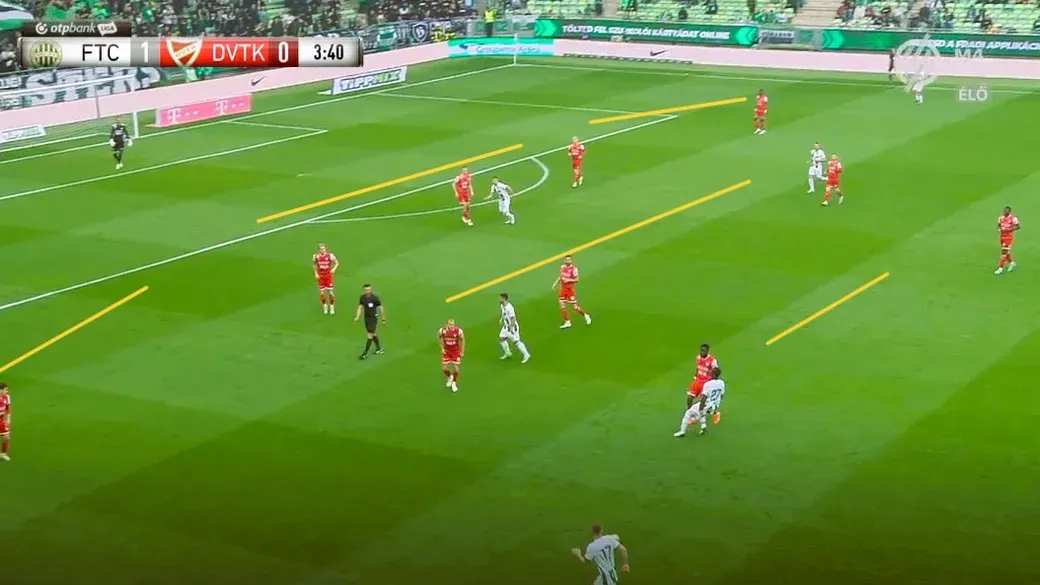 A Diósgyőr 5–3–2-es hadrendje, ritkán látunk ilyet (Forrás: m4sport.hu)