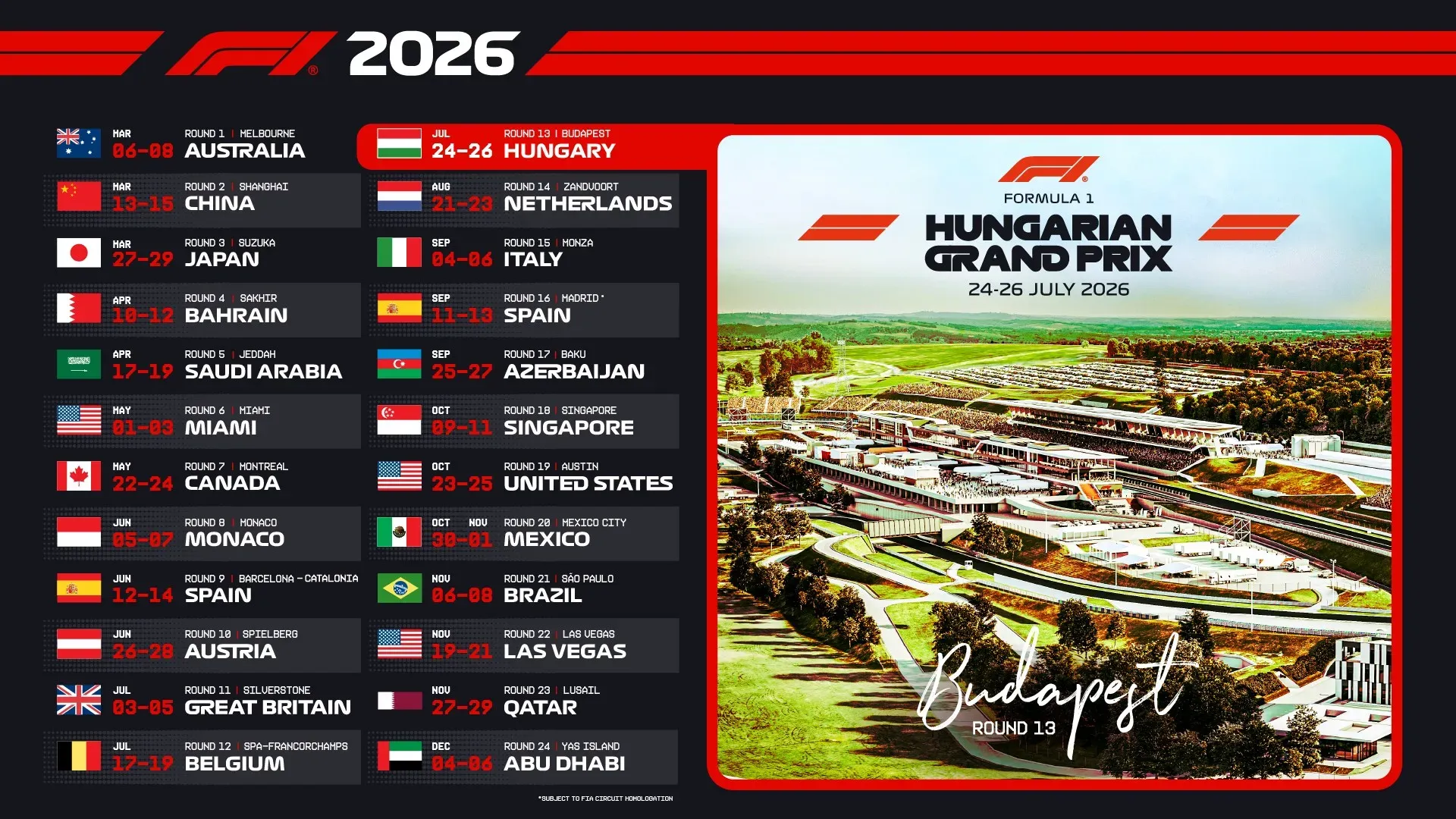 Az F1 2026-os versenynaptára (Forrás: Hungaroring Facebook)