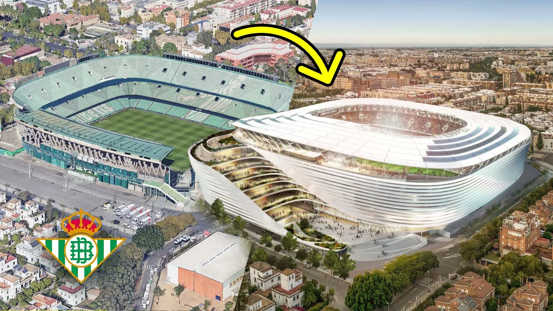 Az Estadio Benito Villamarín egykor és a jövőben (Forrás: sportsrender.com)